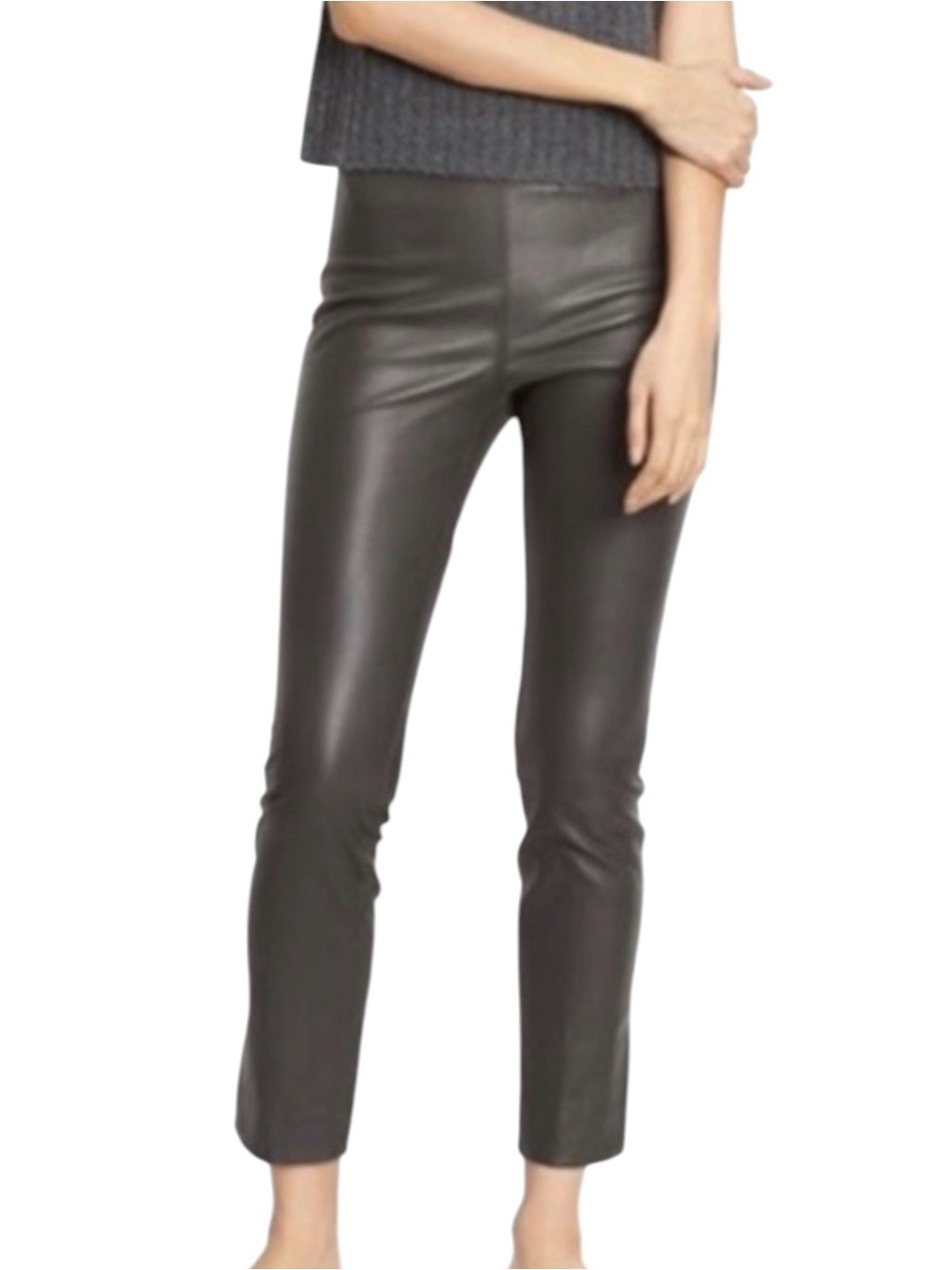 Vince Leather Crop Dark Gray Pull-on Elastic Waist Pants LARGE in Graphite